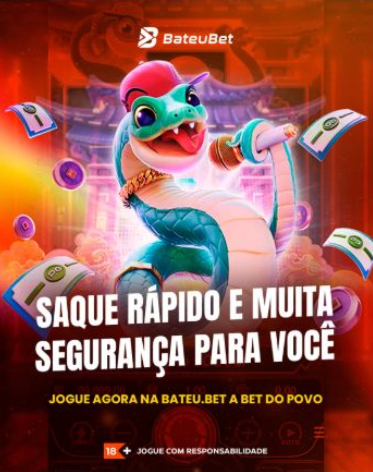 Imagem do jogo Fortune Snake com cobras douradas, símbolos colossais e multiplicadores explosivos na Bateu Bet.
